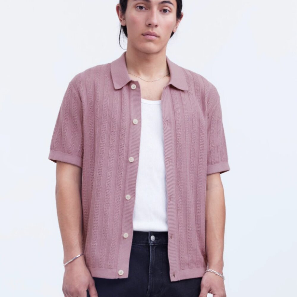 Madewell Shirt Mens XL Ashen Plum Button-Up Sweater Polo in Textured Stripe